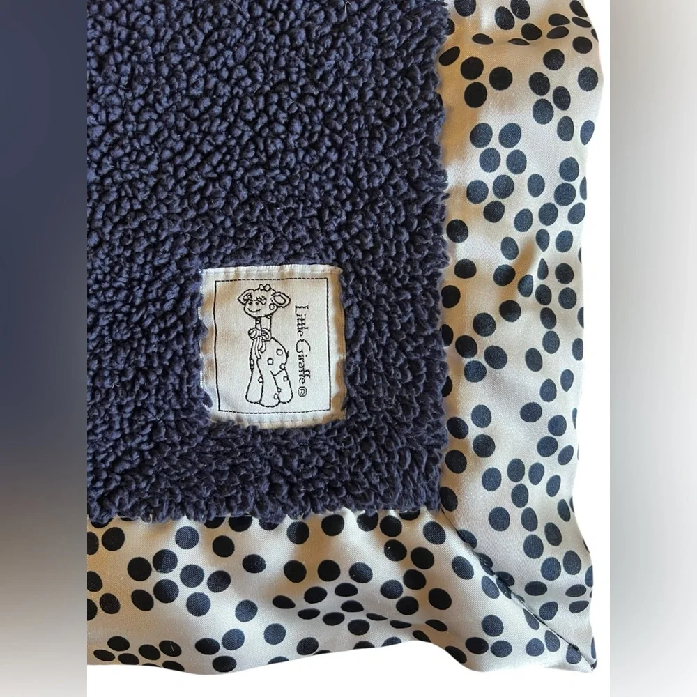 LITTLE GIRAFFE Navy Blue Chenille w Satin Polka Dot Trim Luxe Blanket 35x30” USA